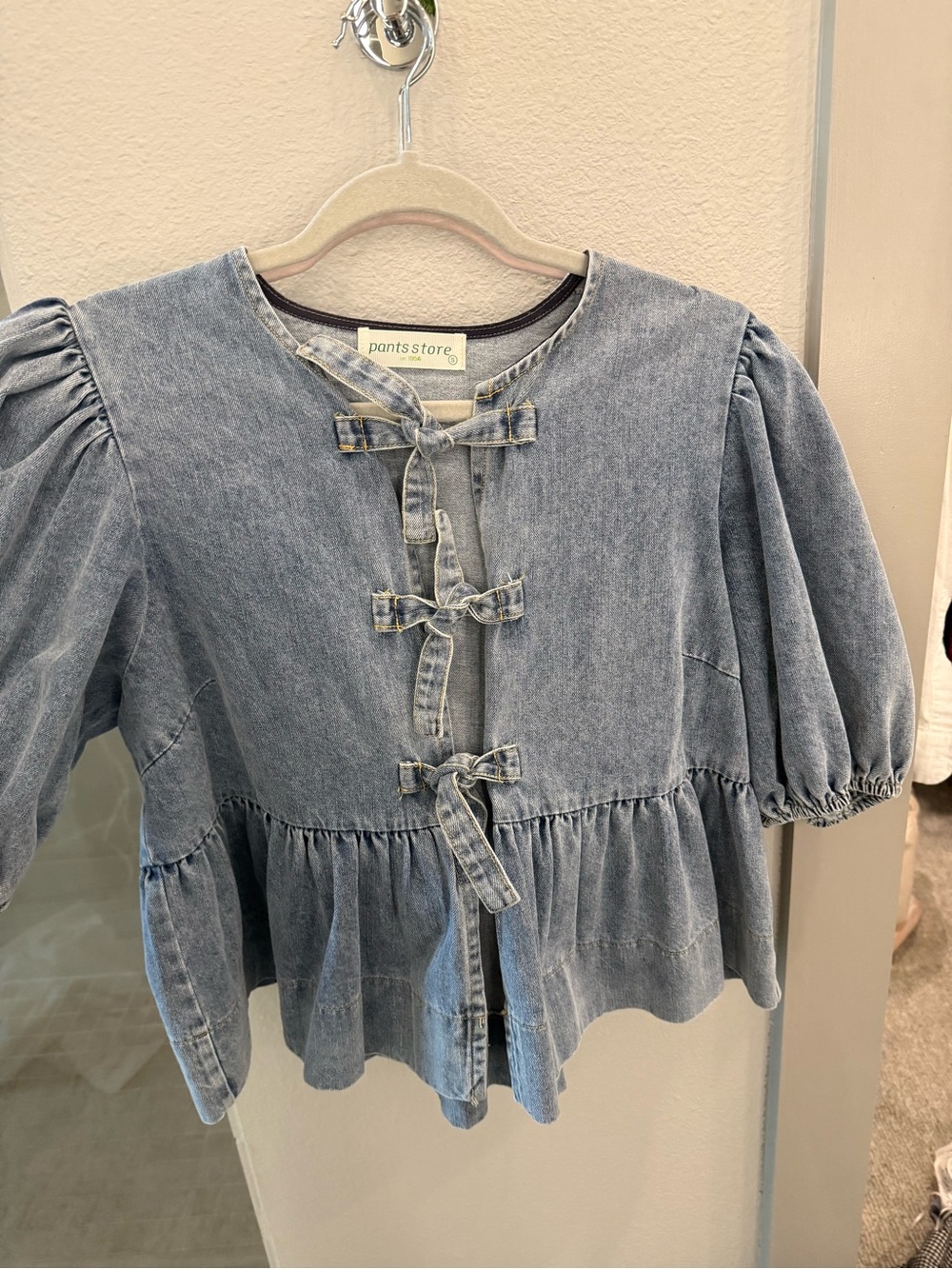 Pantsstore Women's Light Blue Denim Tie-Front Peplum Blouse